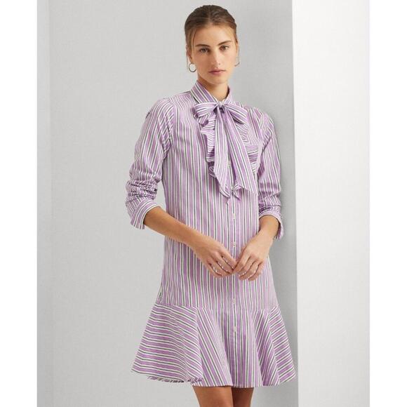 165$ Lauren Ralph Lauren Striped Broadcloth Tie-Neck Shirtdress Size 4 Purple - Picture 2 of 3
